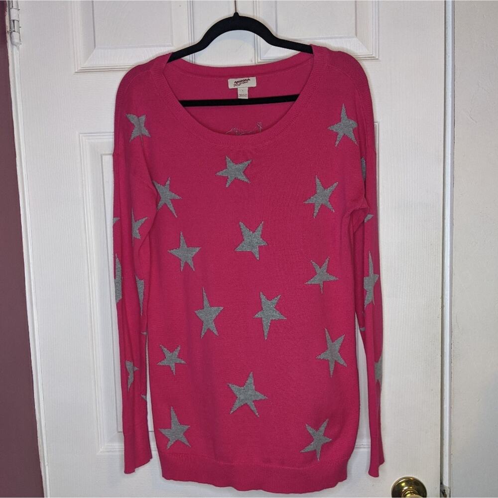Arizona Jean Company Bright Pink Gray Stars Crew Cotton Sweater L